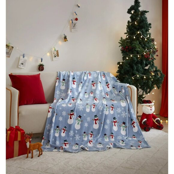 Holiday Time Snowman Velvet Plush Throw Blanket 50" x 60" - Picture 3 of 10